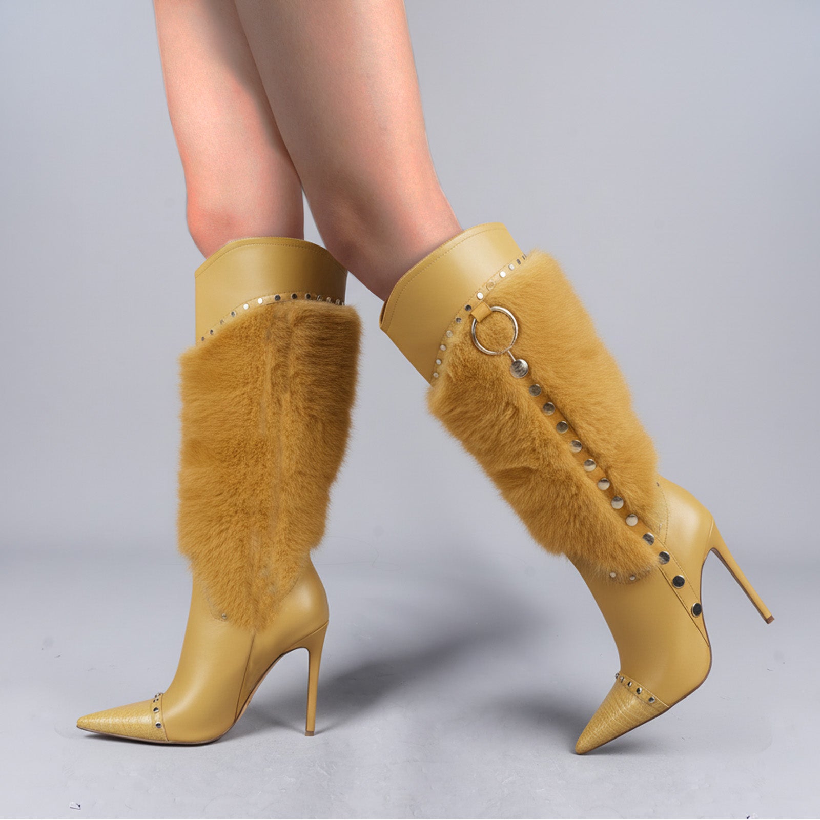 Tuhoomall Heel Fashion Boots for Women, Elegant Pointed Toe High Heels with Studs and Faux Fur, Ideal for Parties and Performances
