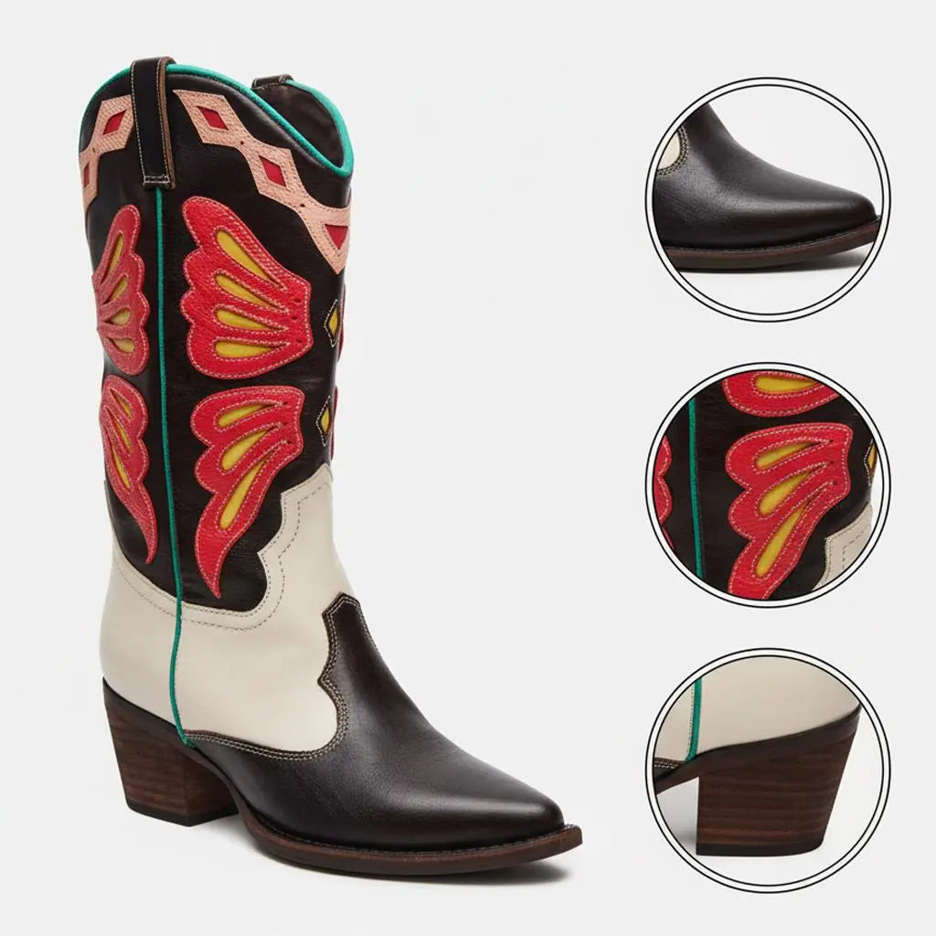 Tuhoomall Western Cowboy Boots for Women, Floral and Animal Print, Chunky Heels, Perfect for Parties and Fashion Events, Easy Slip-On Style Tuhoomall