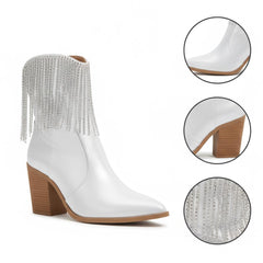 Tuhoomall Stylish Chunky Heel Ankle Boots with Rhinestone Tassels, Pointed Toe, Zipper Closure, Perfect for Parties and Travel