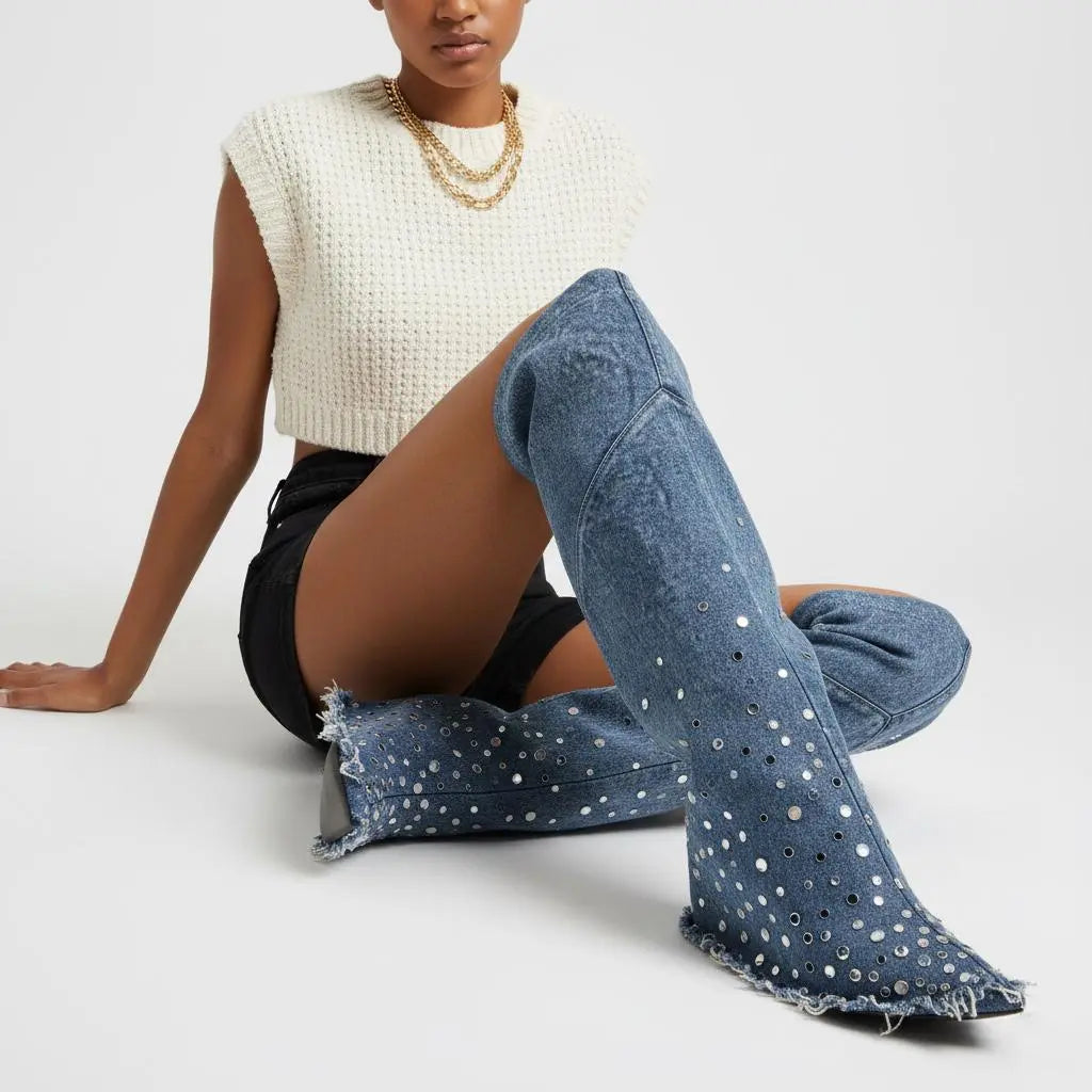 Tuhoomall Over-The-Knee Boots with Fringe and Studs for Party and Performance, Vintage Style, Slip-On Wedge Heel Tuhoomall