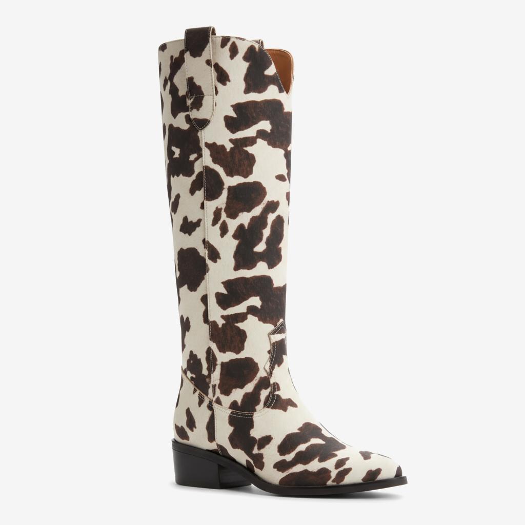 Tuhoomall Western Knee-High Cowboy Boots for Women, Stylish Animal Print, Chunky Heel, Vegan Friendly for Travel and Parties