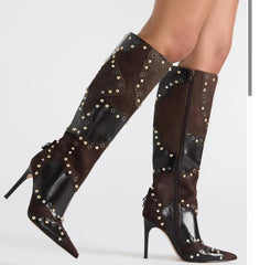 Tuhoomall Stylish Knee-High Party Boots for Women, Comfortable Pointed Toe, Chunky Heel, Zipper Closure, Studded & Metallic Accent Design