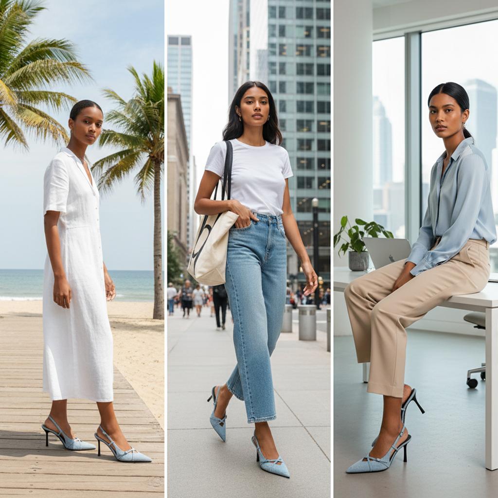 Tuhoomall Stylish High Heel Pumps for Office, Daily Wear, Featuring Pointed Toe and Buckle Closure, Comfortable 3.1 Inch Heels, Rubber Sole, Denim Material Tuhoomall