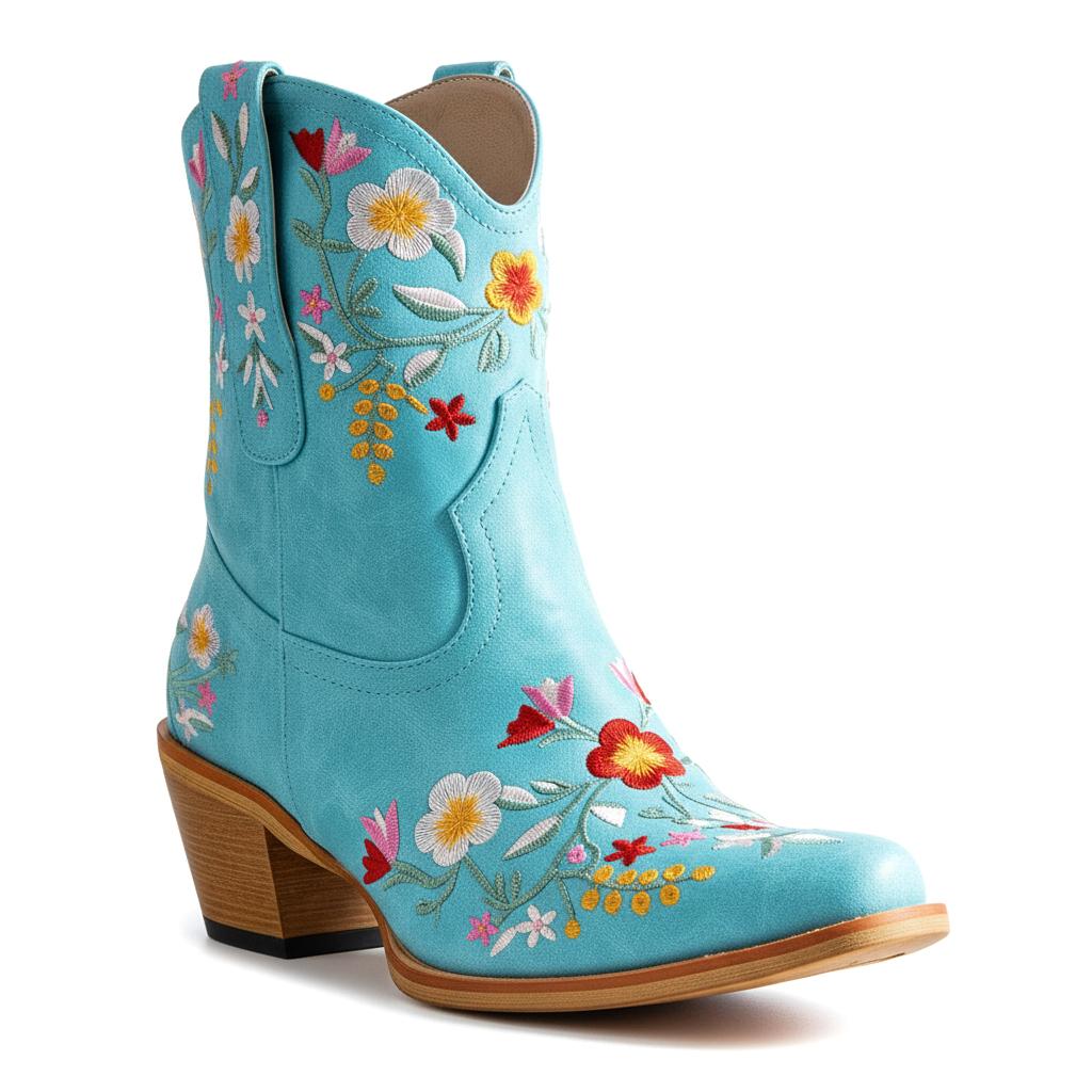Tuhoomall Stylish Western Ankle Boots with Floral Embroidery, Rubber Sole, Chunky 5cm Heel for Classic and Casual Looks