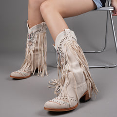 Tuhoomall Western Cowgirl Boots for Women, Slip-On Chunky Heel Mid Calf with Fringe, Durable Rubber Sole, Stylish Vegan Leather, Embroidered Design, All-Season Wear