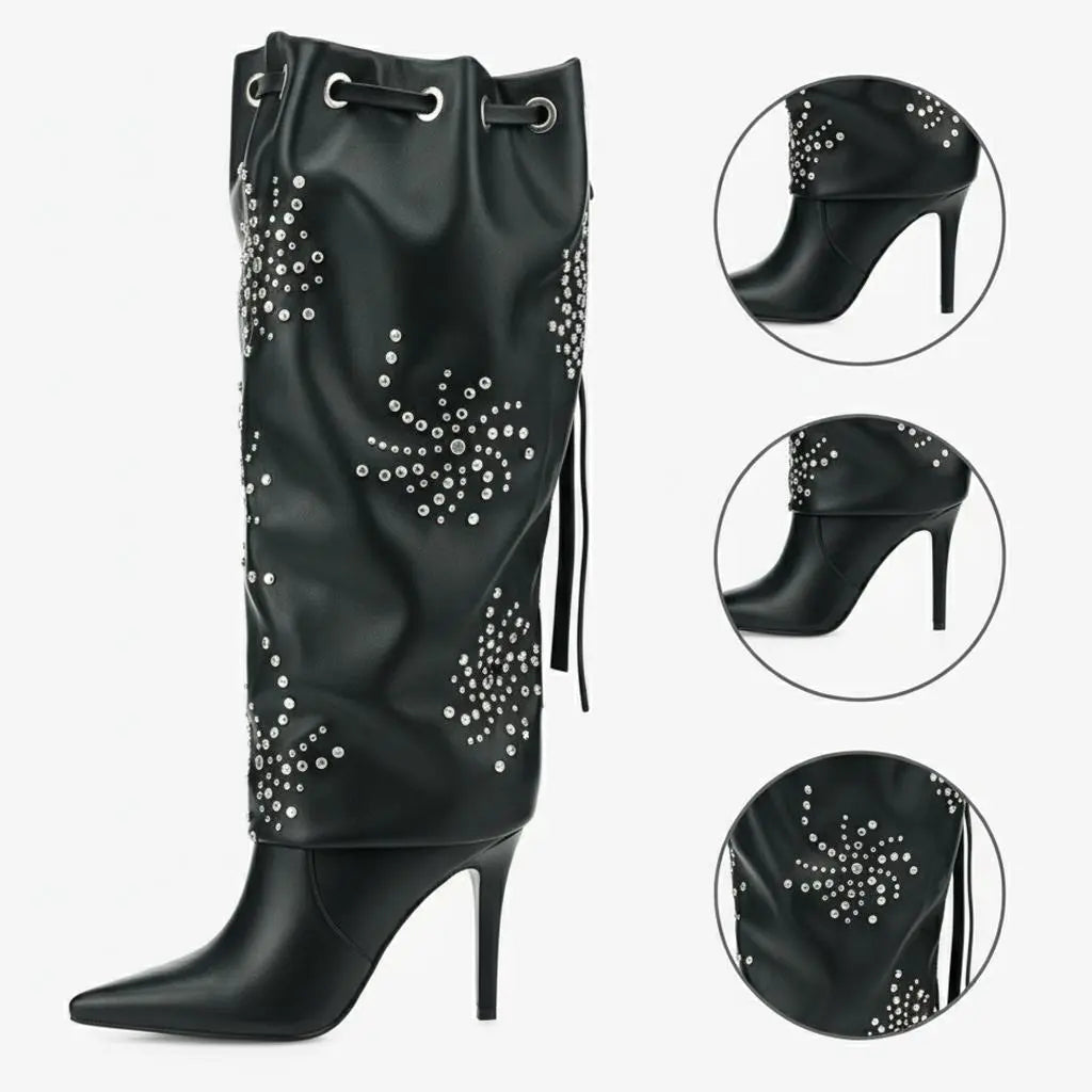 Tuhoomall Knee High Stiletto Boots With Studs And Ruffles For Parties - Elegant Pointed Toe And Adjustable Straps Tuhoomall