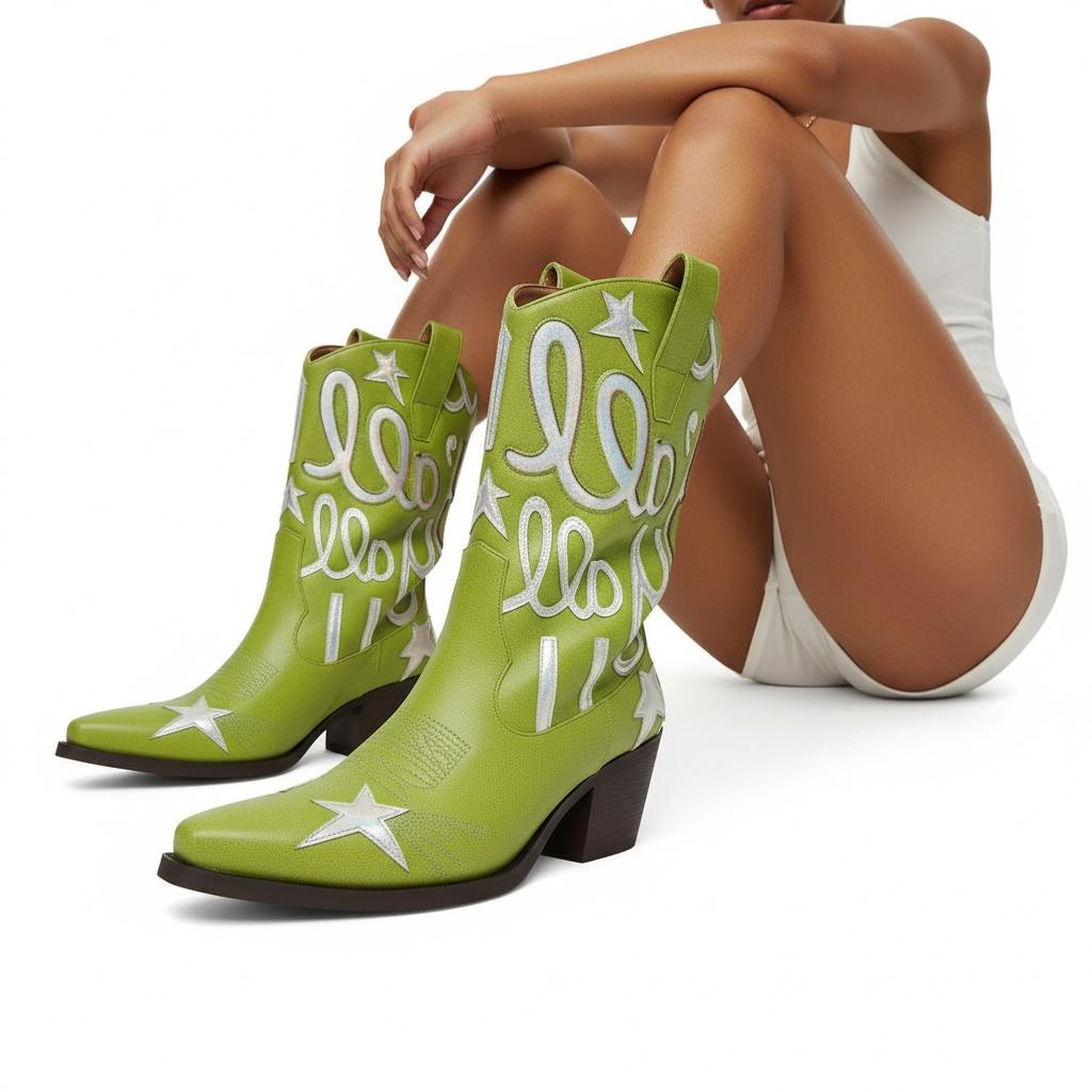 Tuhoomall Comfortable Western Boots for Fashion Parties and Daily Wear with Star and Letter Embroidery, Chunky Heel, Slip-On Design Tuhoomall