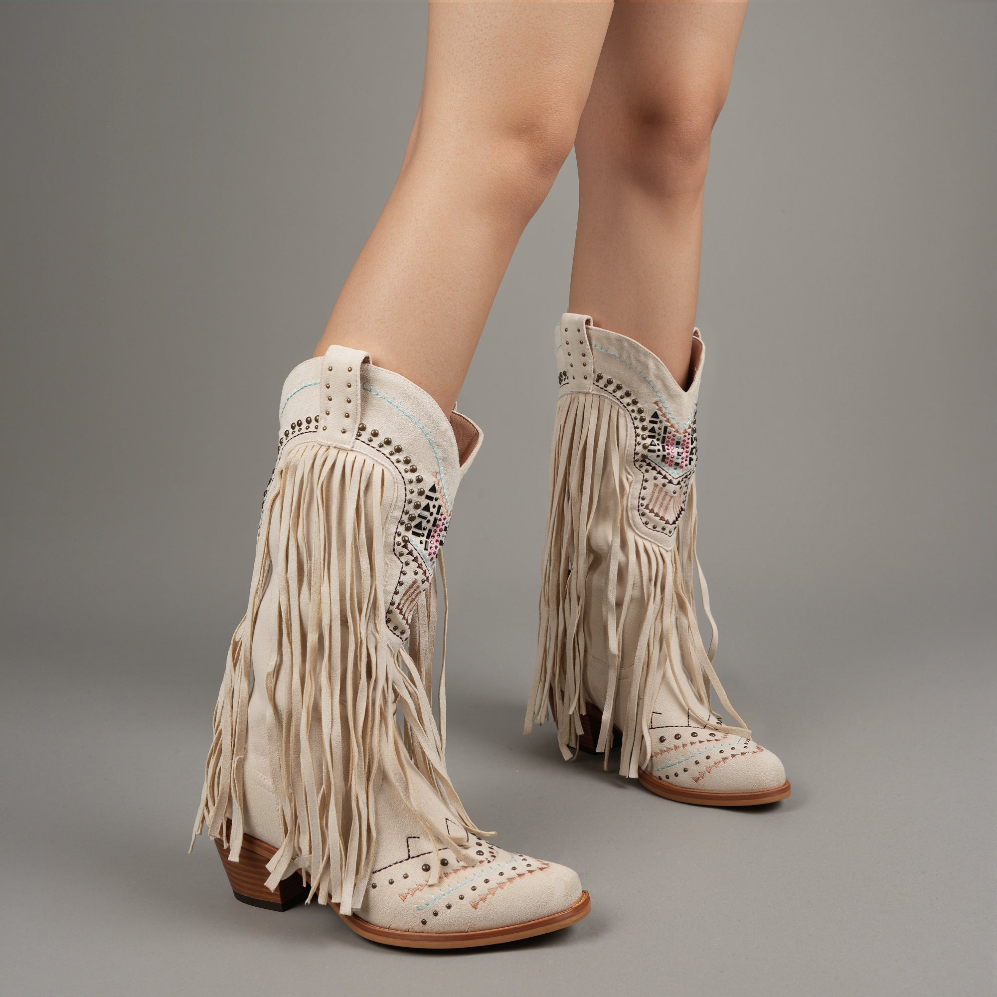 Tuhoomall Western Cowgirl Boots for Women, Slip-On Chunky Heel Mid Calf with Fringe, Durable Rubber Sole, Stylish Vegan Leather, Embroidered Design, All-Season Wear