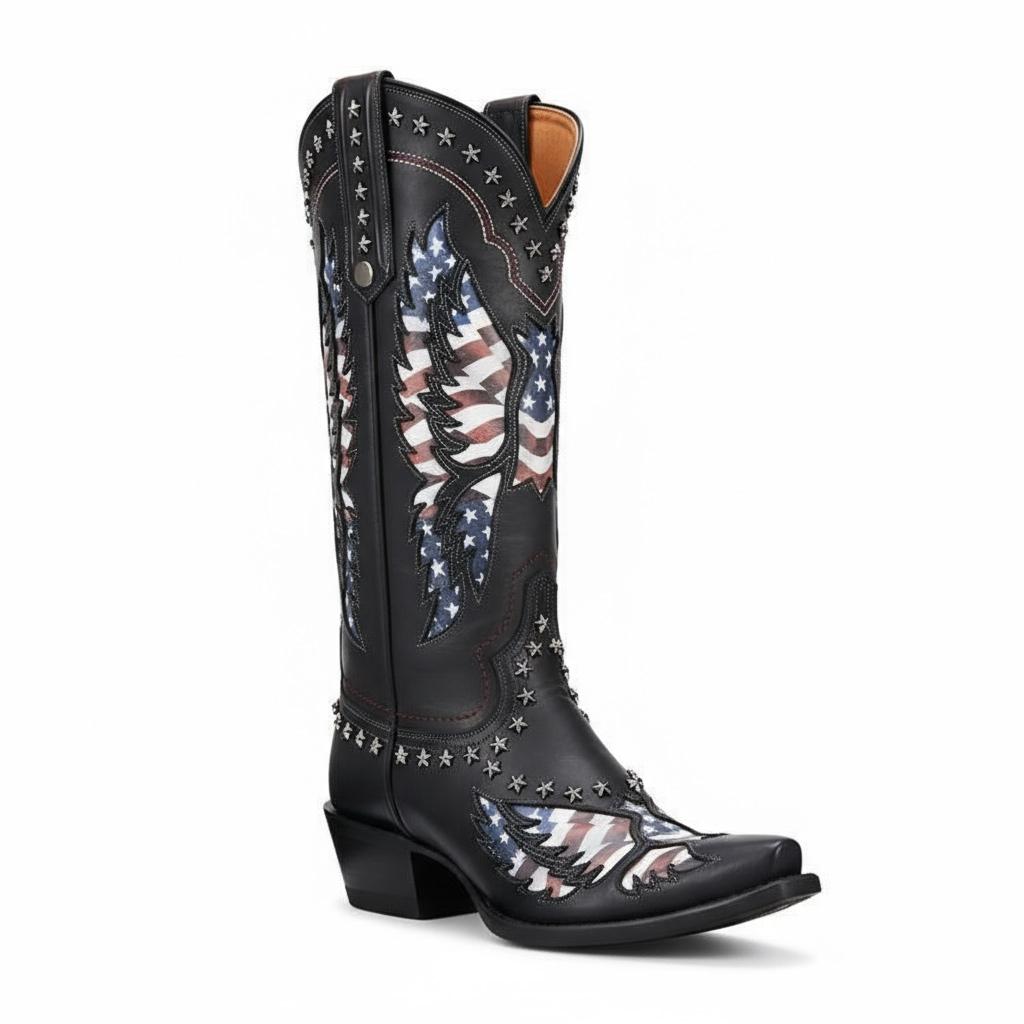 Tuhoomall Western Mid-Calf Boots for Women, Rubber Sole, 1.75 in Chunky Heel, Easy Slip-On, Stylish Embroidered Star Design for Casual and Travel