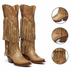 Tuhoomall Western Knee-High Cowboy Boots, Chunky Heel, Fringe & Studs, Retro Style, Casual Wear, All Seasons