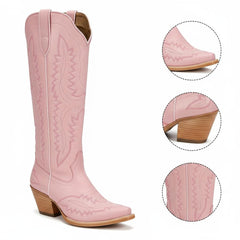 Tuhoomall Stylish Western Mid-Calf Boots for Women - Embroidered Vegan Leather, 2.76in Low Chunky Heel, Perfect for Year-Round Casual Wear