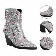 Tuhoomall Pointed-Toe Chunky Heel Ankle Booties with Rhinestones for Fashionable Ballroom Dance - Slip-On Design, 3.00 in Heel Height