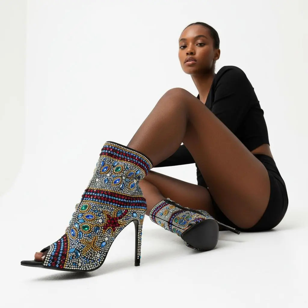 Tuhoomall Stylish Women’s Ankle Boots with Rhinestones, Peep Toe, High Heel for Parties,Trendy and Elegant Tuhoomall