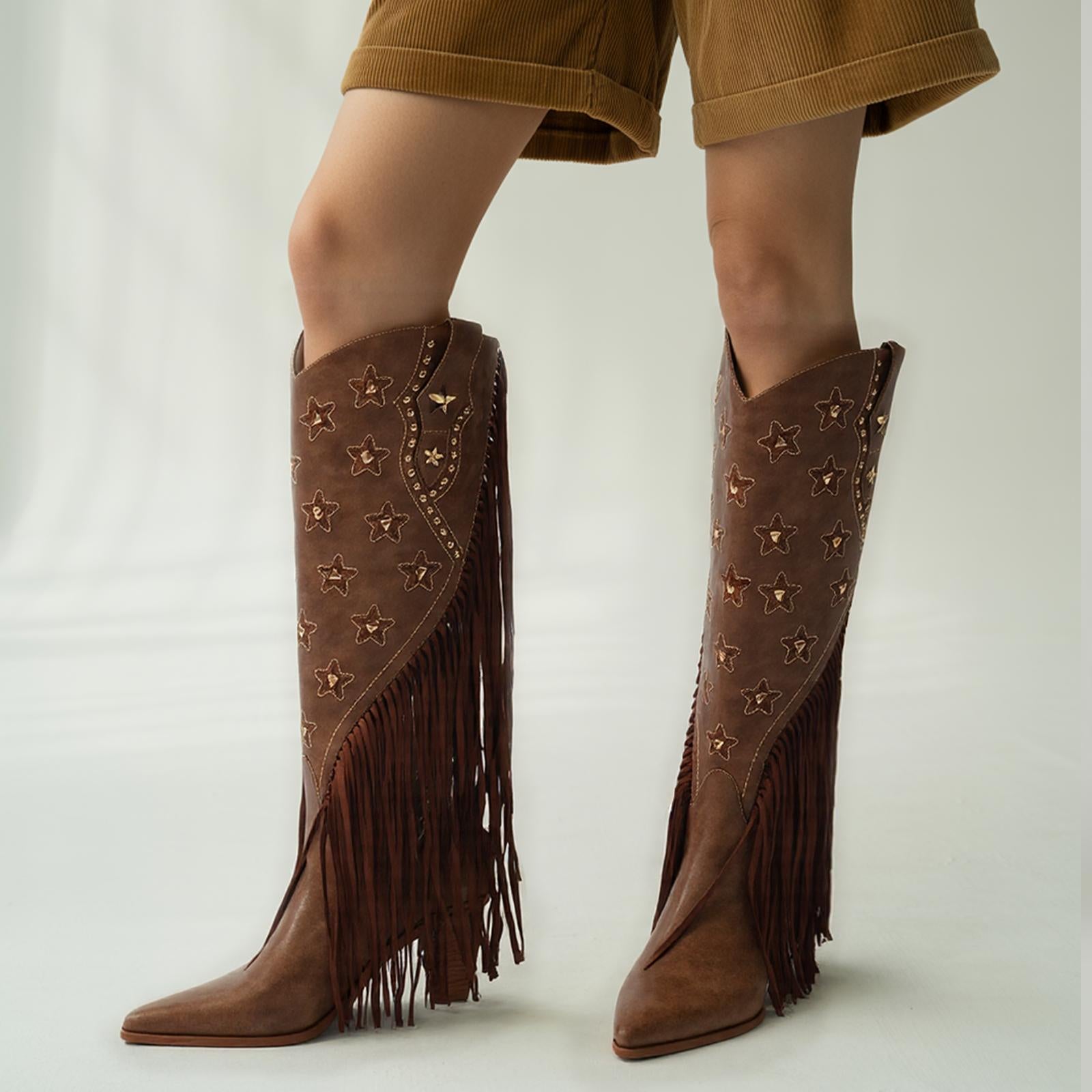 Tuhoomall Western Cowboy Knee-High Boot for Women, Comfortable Chunky Heel with Fringe, Star and Studded Design - Perfect for Fashion and Outdoor Events