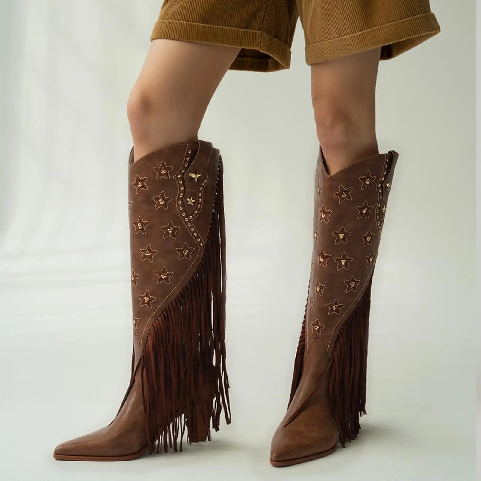 Tuhoomall Western Cowboy Knee-High Boot for Women, Comfortable Chunky Heel with Fringe, Star and Studded Design - Perfect for Fashion and Outdoor Events Tuhoomall