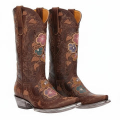 Tuhoomall Western Cowgirl Boots for Women, Floral Embroidered Slip-On Mid Calf Boot, Chunky Heel for Comfort, Stylish for Casual and Outdoor Events