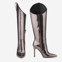 Tuhoomall Knee-High Fashion Boots for Parties and Performances with 10.7cm Metallic Glossy Stiletto Heels and Pointed Toe Design
