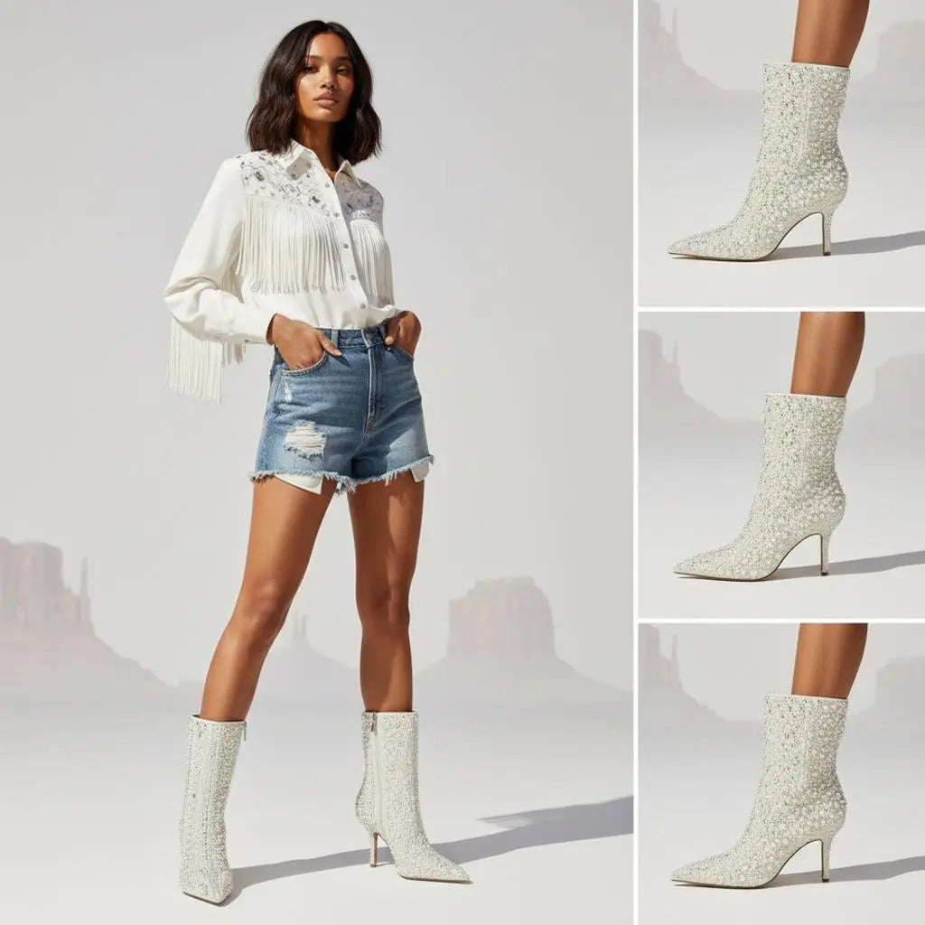 Tuhoomall Sparkling Rhinestone Pointed Toe Ankle Boots for Party, Wedding or Performance - 9cm High Heel, Zipper Closure, Trendy Design Tuhoomall