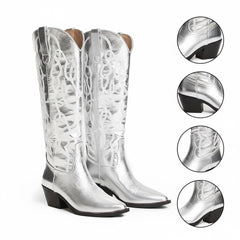 Tuhoomall Silver Metallic Knee High Western Boots for Women with Block Heel, Stylish Embroidered Full-Grain Leather, Easy Pull-On, Perfect for Casual Fashion