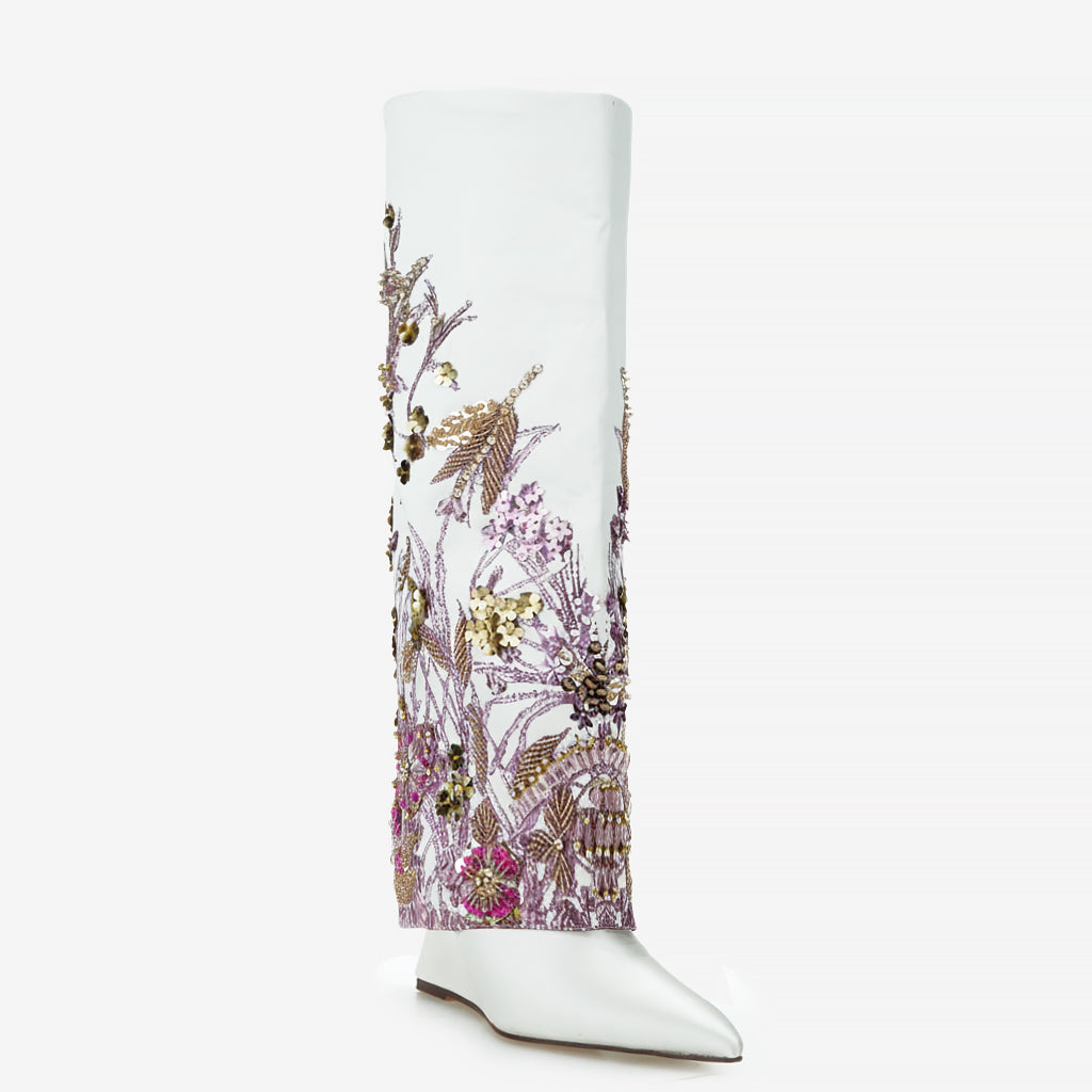 Tuhoomall Knee High Floral Print Heeled Boots with Sparkling Beads for Fashionable Parties and Casual Outings
