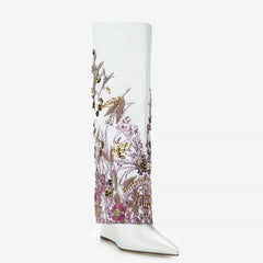 Tuhoomall Knee High Floral Print Heeled Boots with Sparkling Beads for Fashionable Parties and Casual Outings