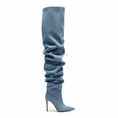 Tuhoomall Blue Denim Slouchy Pointy Thigh High Stiletto Heel Over Knee Boots For Women Tuhoomall