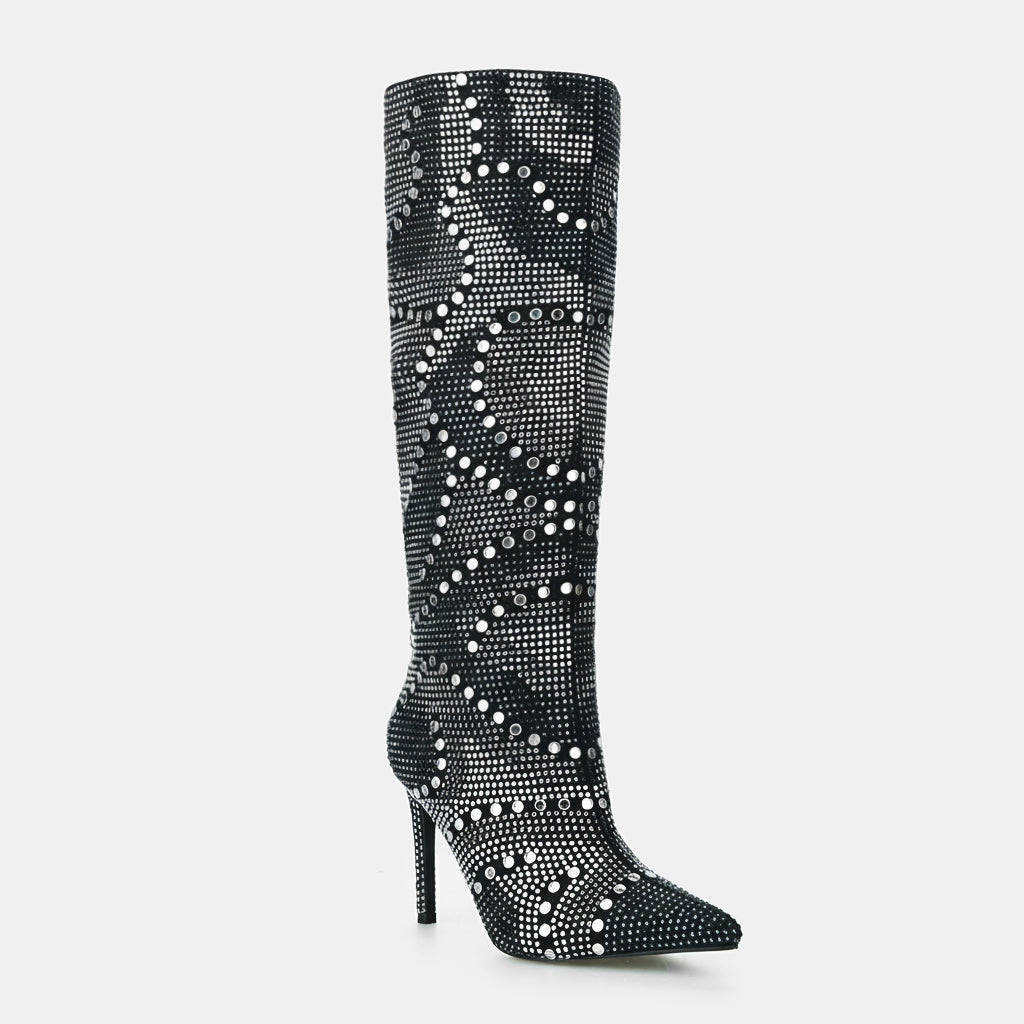 Tuhoomall Western Style Knee-High Glittering Stiletto Boots for Parties and Performances with Rhinestones and Geometric Patterns