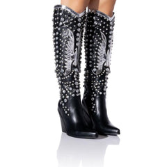 Tuhoomall Pointed-Toe Mid Calf Boots With Rhinestones For Fashion Parties | Chunky Heel, PU Upper, All-Season Style