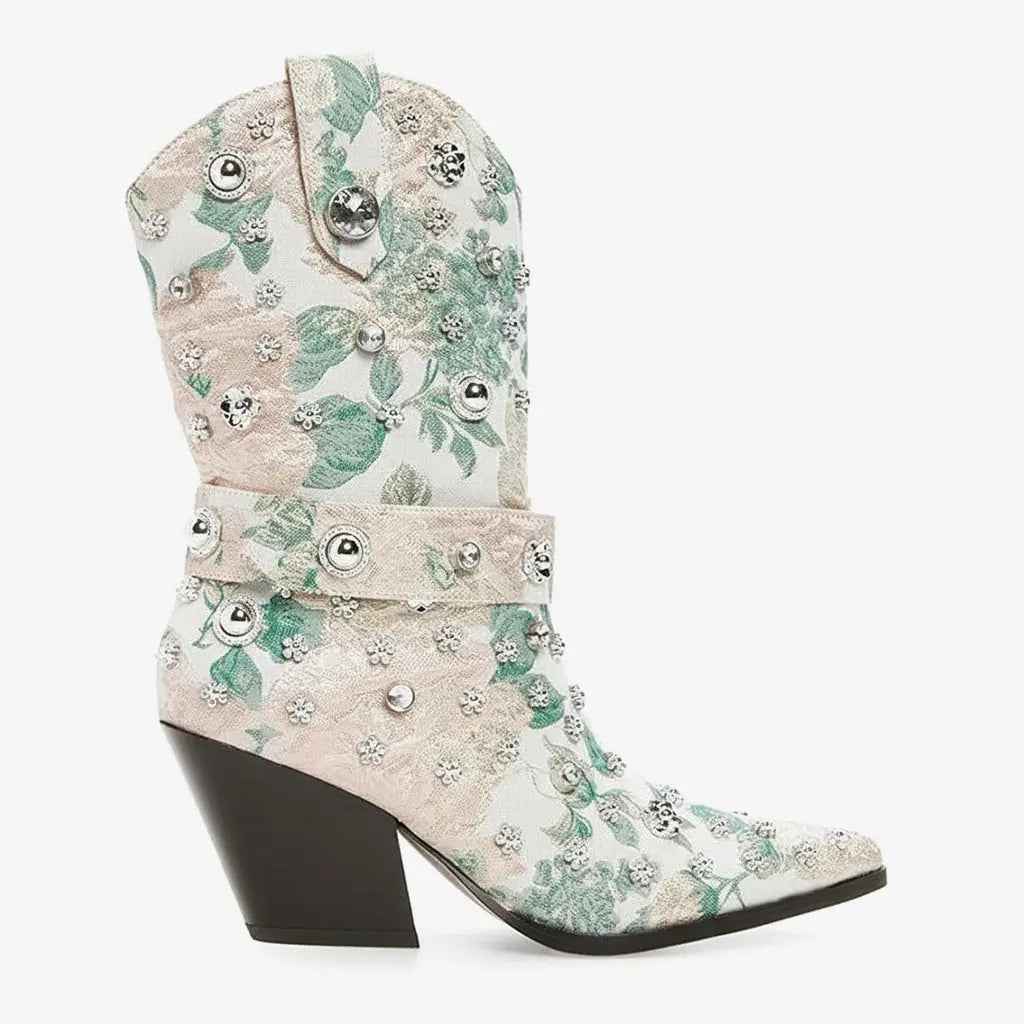 Tuhoomall Western Floral Embroidered Rhinestone Mid Calf Boots for Women, Chunky Heel, Water-Resistant Satin, Stylish for Spring Autumn Winter Tuhoomall