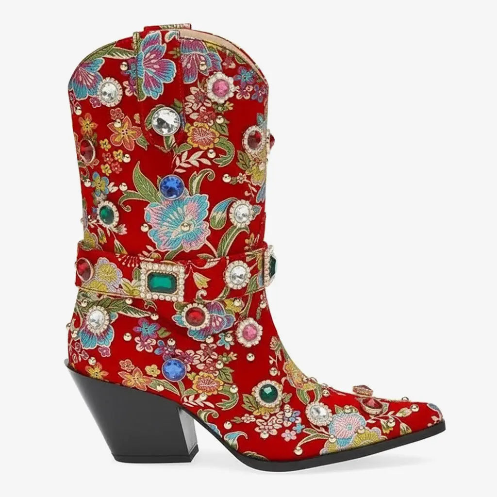 Tuhoomall Western Floral Embroidered Rhinestone Mid Calf Boots for Women, Chunky Heel, Water-Resistant Satin, Stylish for Spring Autumn Winter Tuhoomall