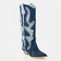 Tuhoomall Western Cowboy Boots for Women - Comfortable Rhinestone Foldable Design for Casual, Outdoor, or Party Wear
