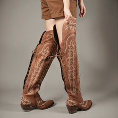 Tuhoomall Western Cowgirl Knee-High Boots with Embroidery & Studs, Chunky Heel, Zipper Closure, Casual Style, Snip Toe Design, Pre-Sale