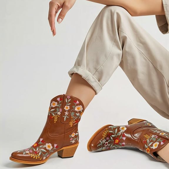 Tuhoomall Stylish Western Ankle Boots with Floral Embroidery, Rubber Sole, Chunky 5cm Heel for Classic and Casual Looks