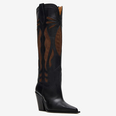 Tuhoomall Western Style Knee-High Floral Embellished Cowboys Boots for Women, Casual Use, Sharp Toe, Chunky Heel, All-Season Comfort
