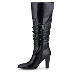 Tuhoomall Fashion Knee-High Boots for Women, Stylish Ruffled Design, 9cm Chunky Heel, Ideal for Casual Work and All Seasons