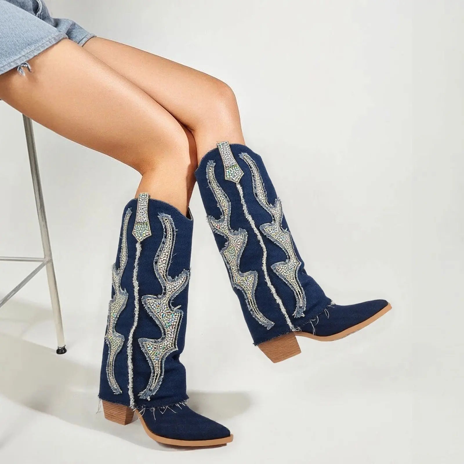 Tuhoomall Western Cowboy Boots for Women - Comfortable Rhinestone Foldable Design for Casual, Outdoor, or Party Wear Tuhoomall