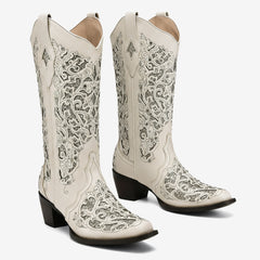 Tuhoomall Cowboy Boots for Women Western Square Toe Mid Calf White Cowgirl Boots Rhinestone Chunky Wedding