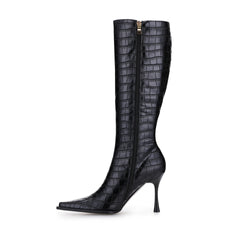 Tuhoomall Fashion Knee-High Boots for Women, Chic Style with Zipper and Stone Pattern, 9cm Stiletto Heels for Everyday and Work Use