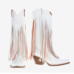 Tuhoomall Western Ankle Boots for Women, Fashionable Chunky Heeled Slip-On Design with Fringe and Letter Pattern, Comfortable All-Season Wear