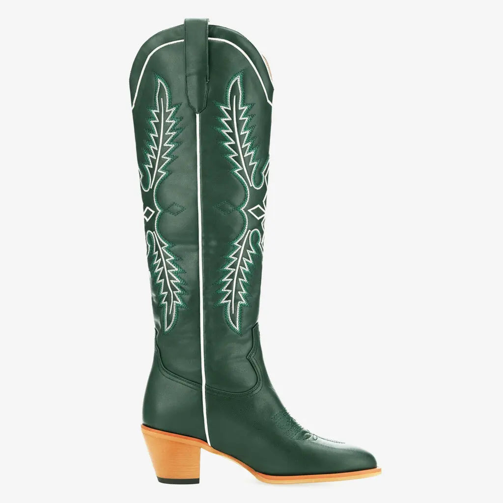 Tuhoomall Dark Green Embroidered Western Knee High Boots for Wide Calf with Chunky Heel Tuhoomall