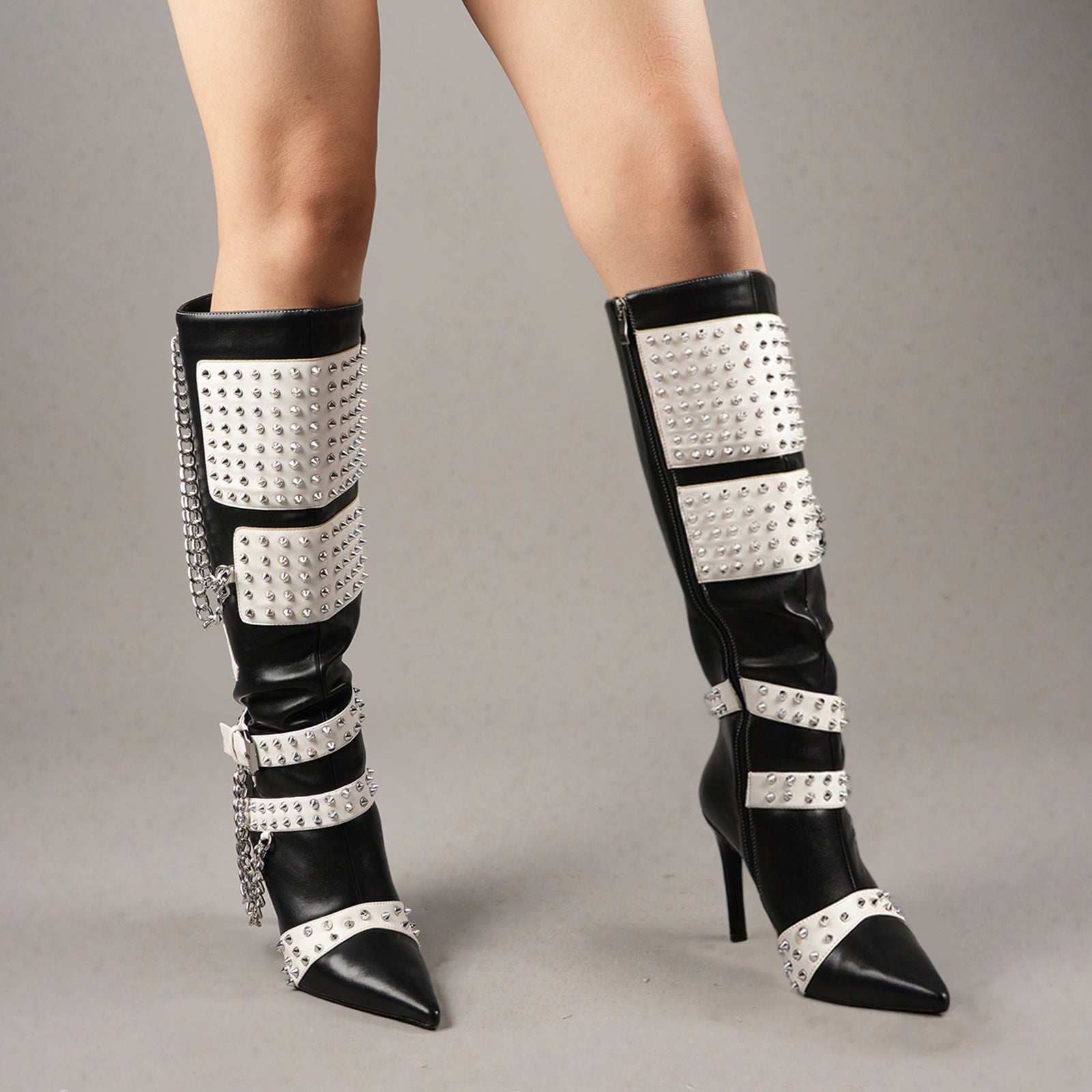 Tuhoomall Stiletto Knee-High Boots with Metallic Studs and Chic Design for Parties and Performances
