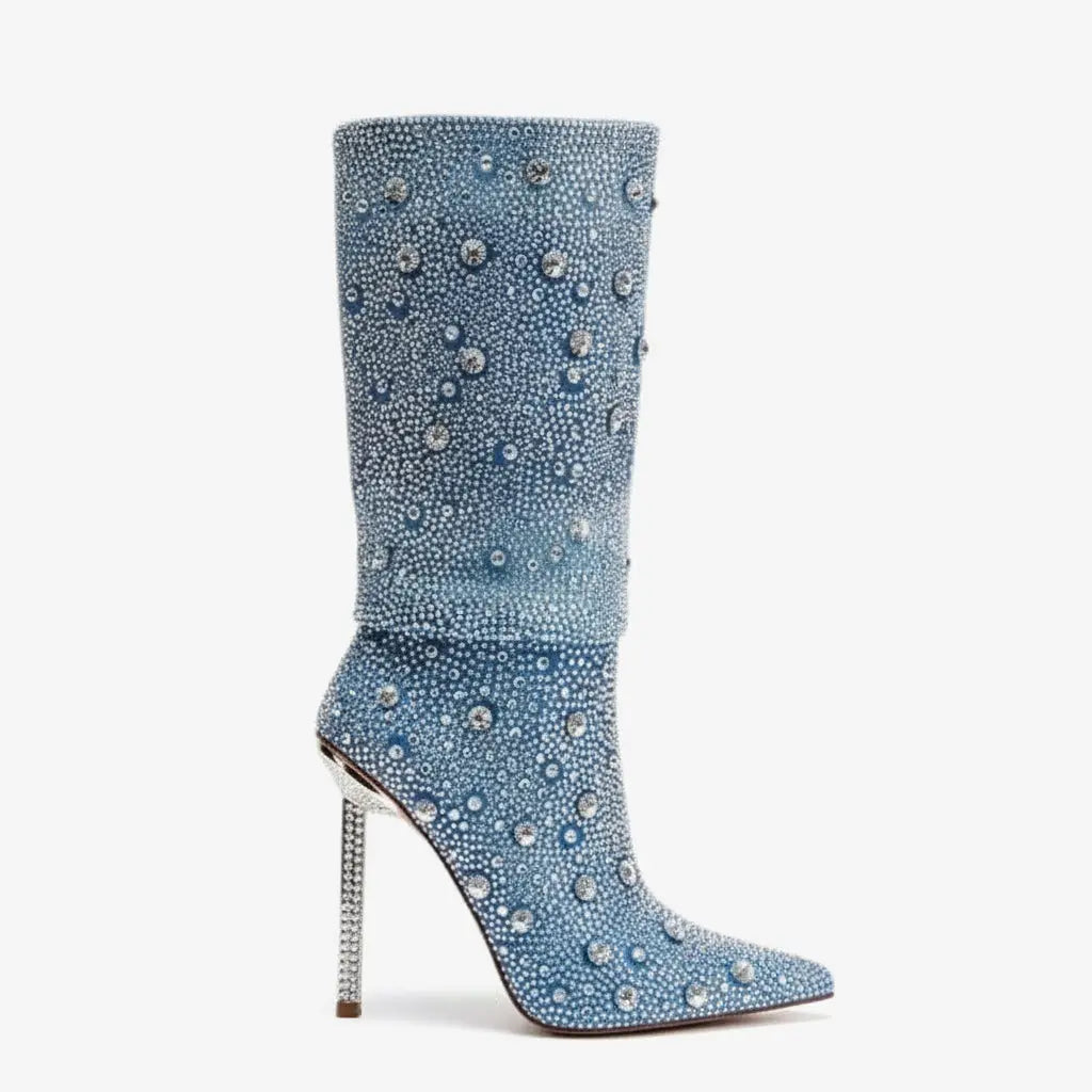 Tuhoomall Denim Blue Stiletto Boots, Chic Pointed Toe, Rhinestone Embellished, Scrunch Design for Parties and Casual Outings, 4.5-Inch Comfortable Heel Tuhoomall