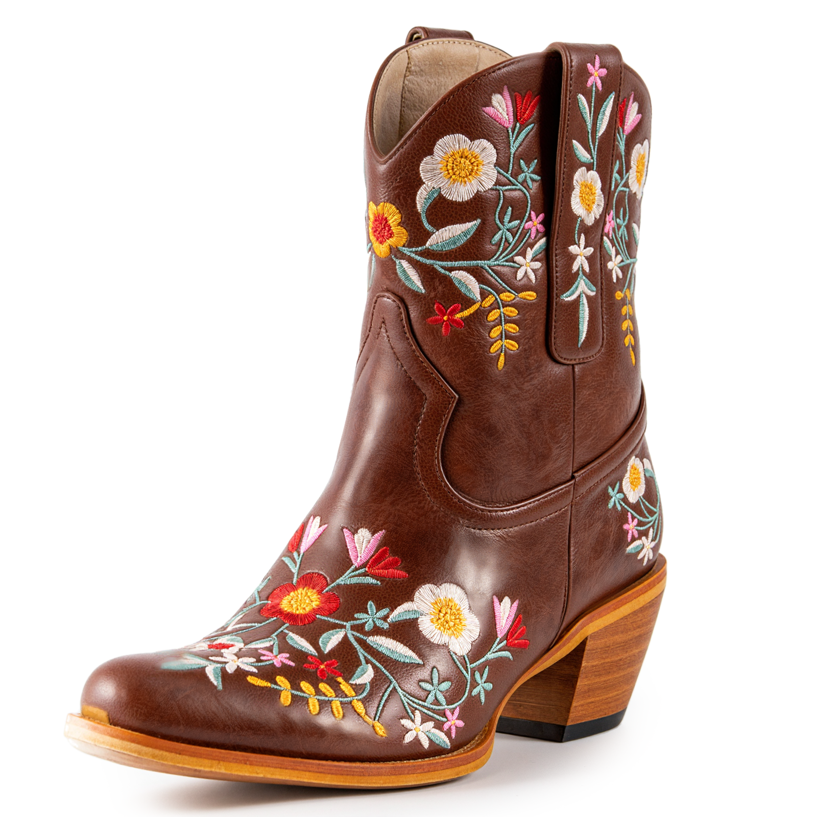 Tuhoomall Stylish Western Ankle Boots with Floral Embroidery, Rubber Sole, Chunky 5cm Heel for Classic and Casual Looks