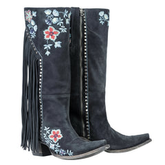 Tuhoomall Western Cowboy Boots for Women, Floral Embroidered Mid-Calf Chunky Heel, Trendy Fringe Detail, Perfect for Casual Outings and Performances