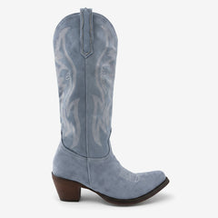 Tuhoomall Western Embroidered Pointed Toe Chunky Heel Slip-On Mid Calf Boots for Women, Retro Casual Style, Perfect for Weddings and Everyday Wear