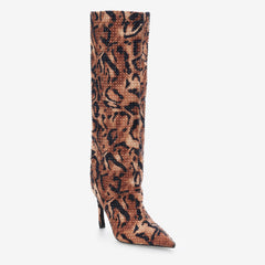 Tuhoomall High Boots with Rhinestone Animal Print, Sparkling High Heel Stiletto, Comfortable Slip-On for Parties and Casual Events