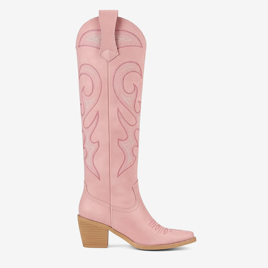 Tuhoomall Western Style Knee High Boots With Rhinestones & Embroidery, Trendy Chunky Heels For Casual Office Wear, All Season Comfort