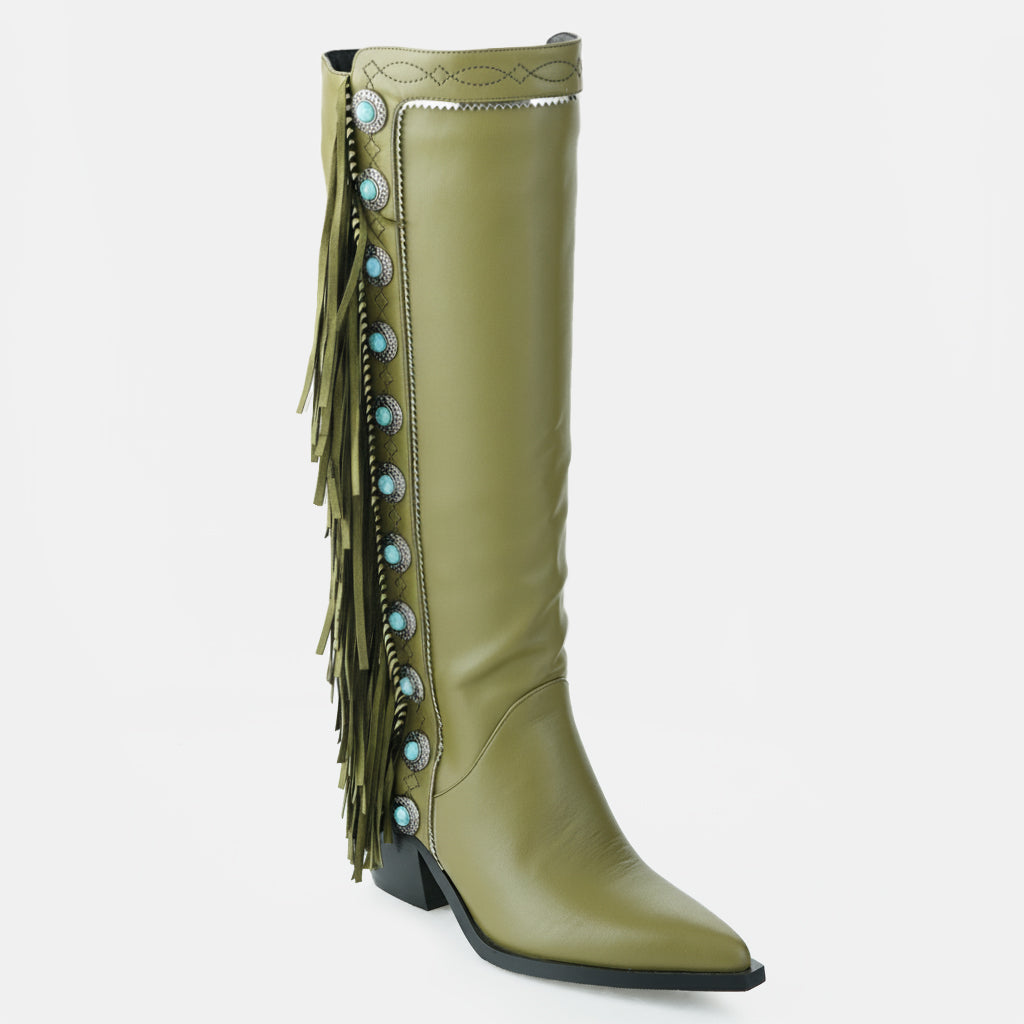 Tuhoomall Western Cowboy Knee-High Boots for Women, Comfortable Suede with Fringe & Metallic Accents, Stylish Block Heel for Outdoor Fashion