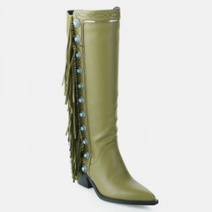 Tuhoomall Western Cowboy Knee-High Boots for Women, Comfortable Suede with Fringe & Metallic Accents, Stylish Block Heel for Outdoor Fashion