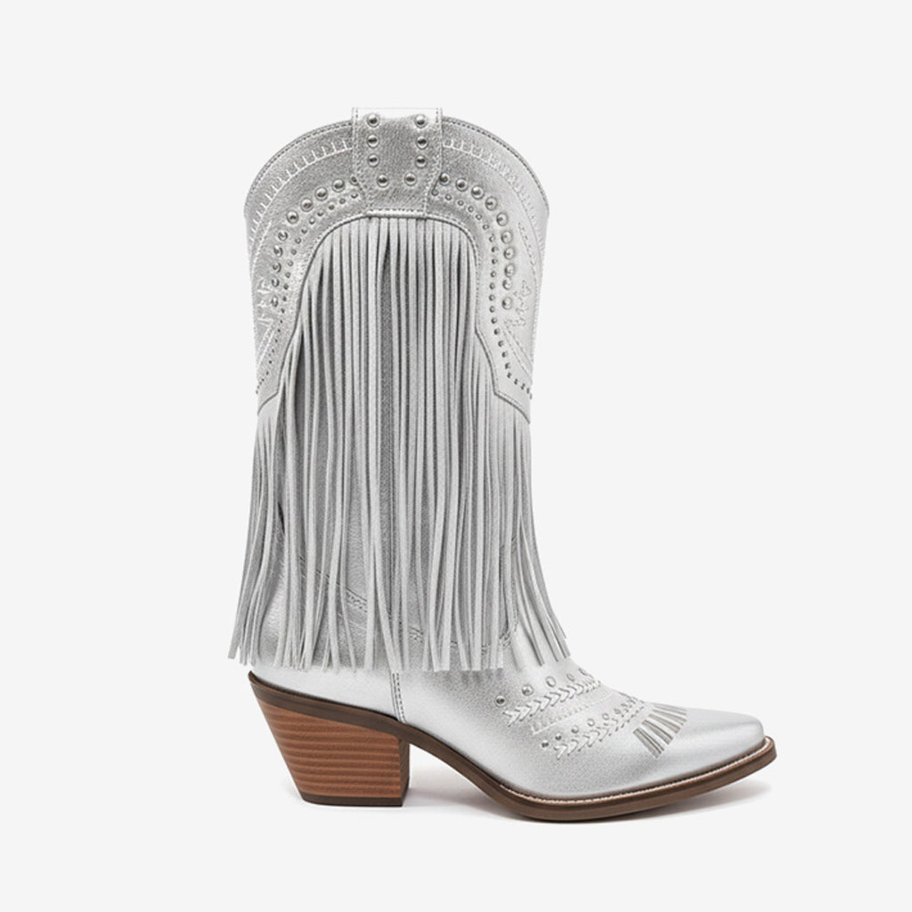 Tuhoomall Western Style Mid Calf Boots with Fringe and Studs - Comfortable Slip-On Design for Parties and Casual Outings Tuhoomall